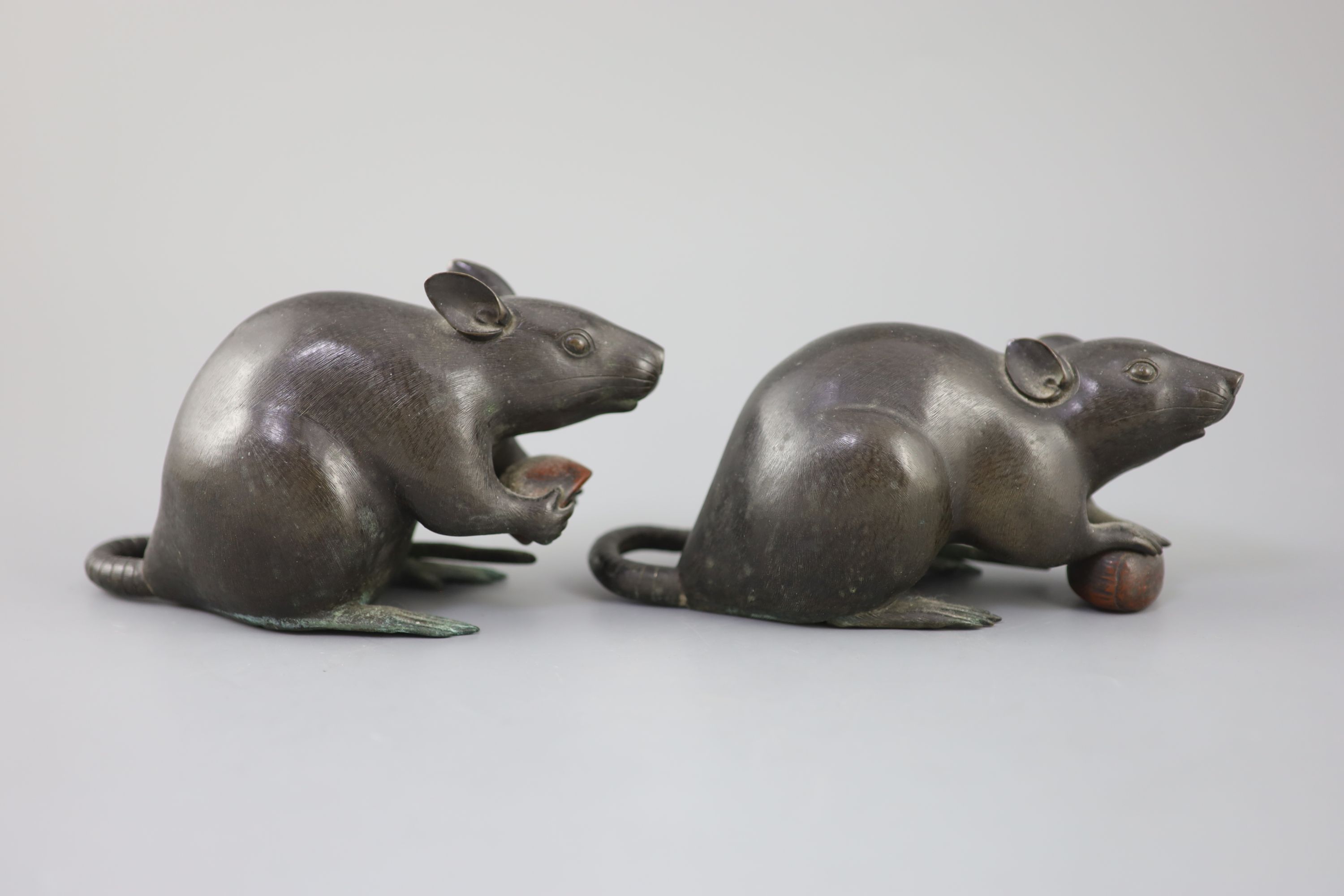 A pair of Japanese bronze models of rats, Meiji period, signed 17 and 18cm long, Provenance - A. T. Arber-Cooke